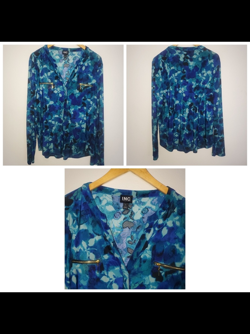 INC International Concepts Blue Multi-Print V-Neck Blouse with Gold Zips